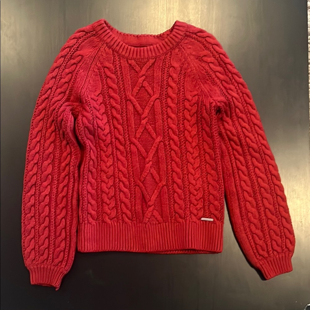 Abercrombie & Fitch Red Crew Neck Cable Knit Sweater